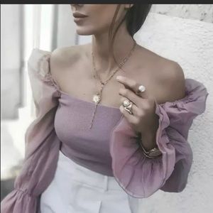 Zara knit top pink puff sleeve med NWT bloggers